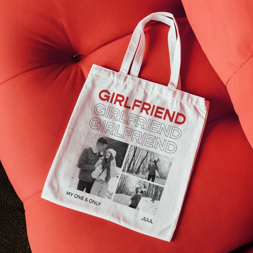 Gepersonaliseerde tote bag met zwart-wit foto's en tekst