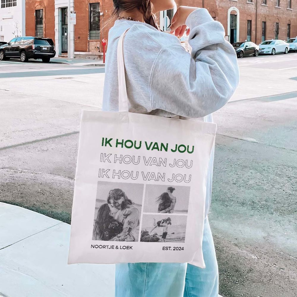 Gepersonaliseerde tote bag met zwart-wit foto's en tekst