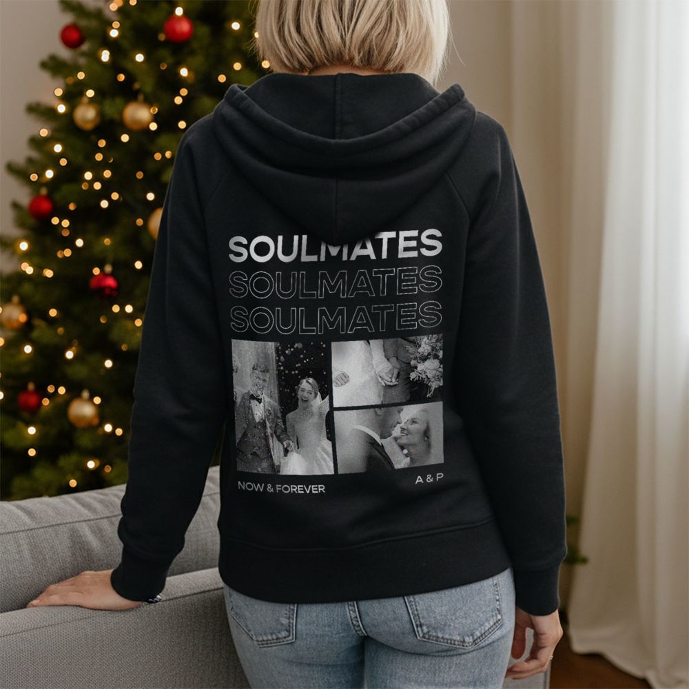 Gepersonaliseerde hoodie met zwart-wit foto's en tekst