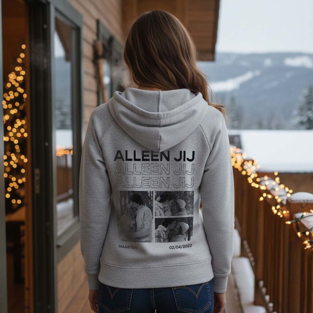 Gepersonaliseerde hoodie met zwart-wit foto's en tekst