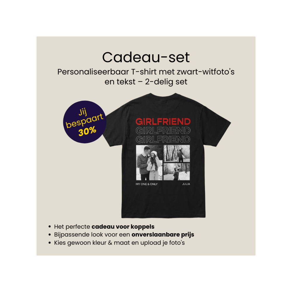 Cadeauset 2-delige T-shirts met zwart-wit foto’s en tekst