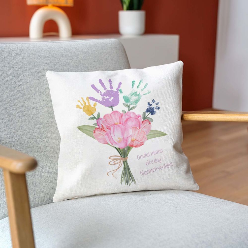 Gepersonaliseerde kussensloop boeket bloemen met handafdruk
