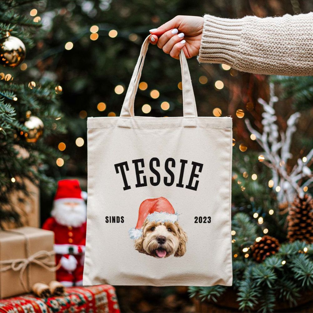 Personalisierbarer Jutebeutel mit Haustier und Weihnachtsmütze