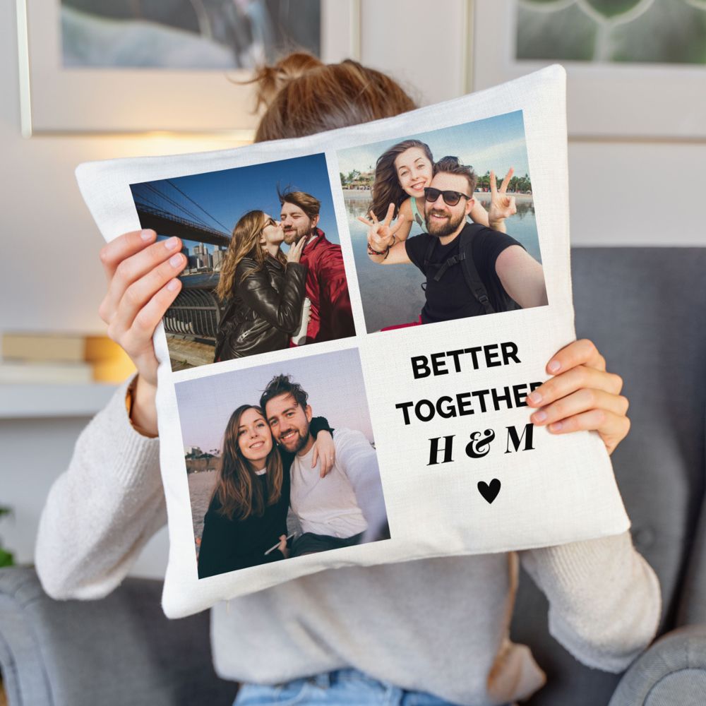 Personaliseerbare kussensloop met 3 foto’s en tekst