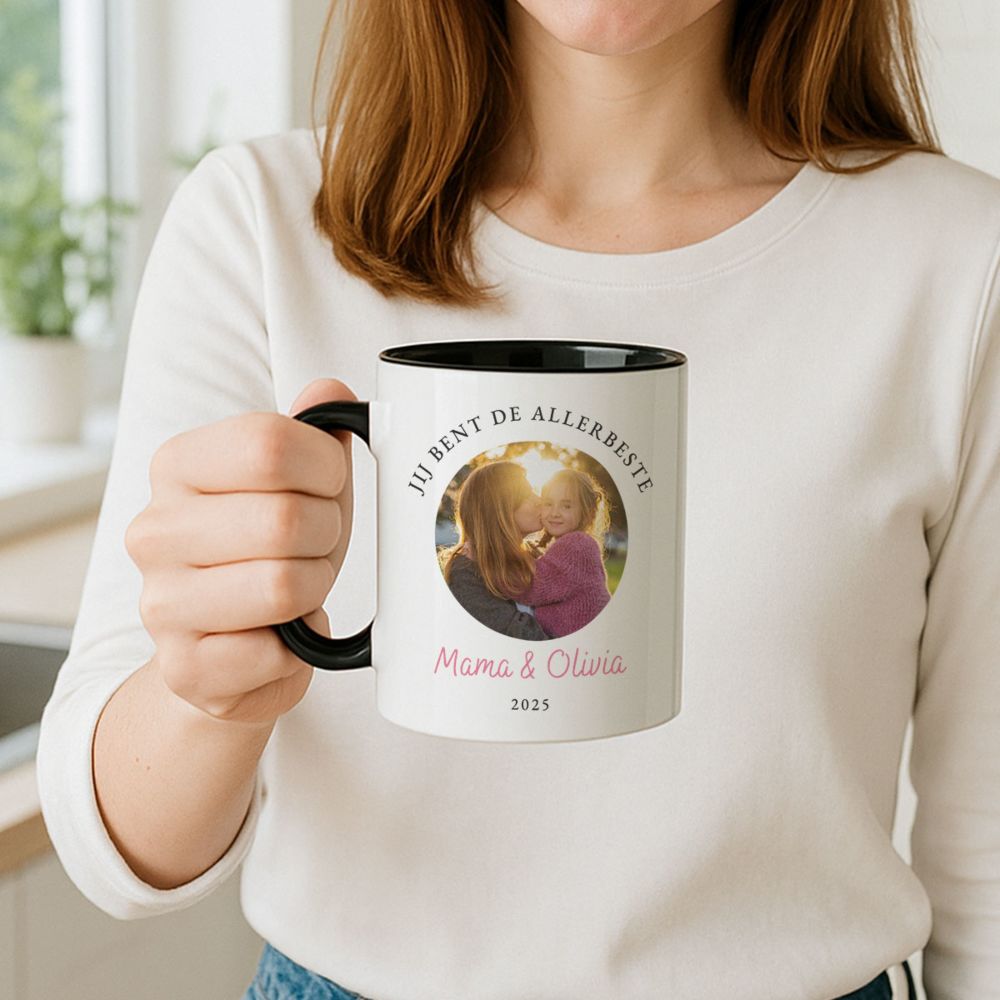 Gepersonaliseerde mok met foto en 3 regels