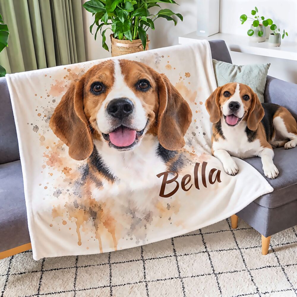 Fleece deken met foto van je huisdier in aquarelstijl – gepersonaliseerd met naam