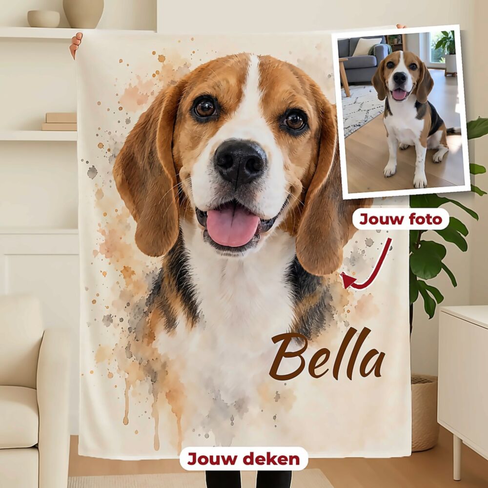 Fleece deken met foto van je huisdier in aquarelstijl – gepersonaliseerd met naam