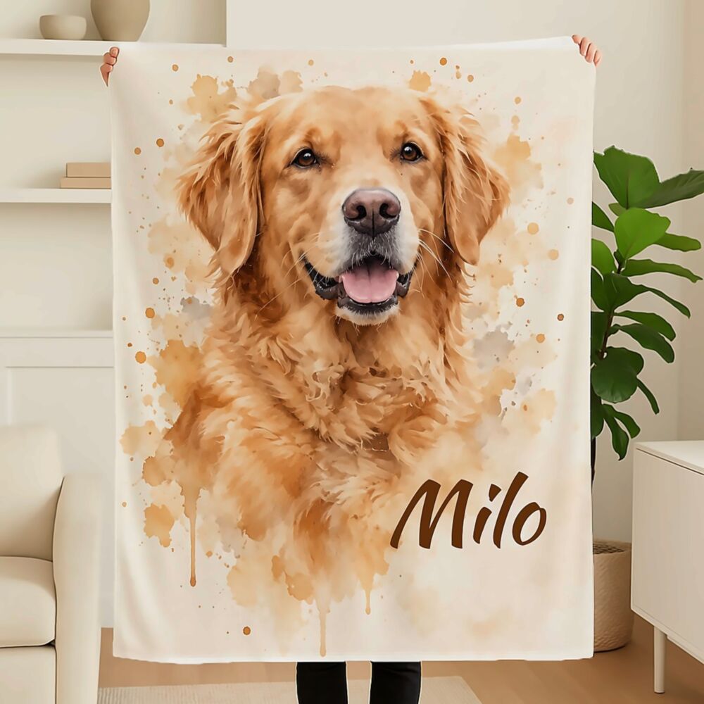 Personaliseerbare deken met je huisdier in aquarelstijl – golden retriever met de naam Milo