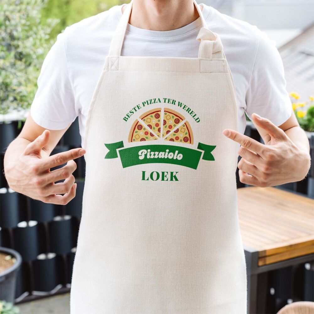 Gepersonaliseerd keukenschort met pizza en naam