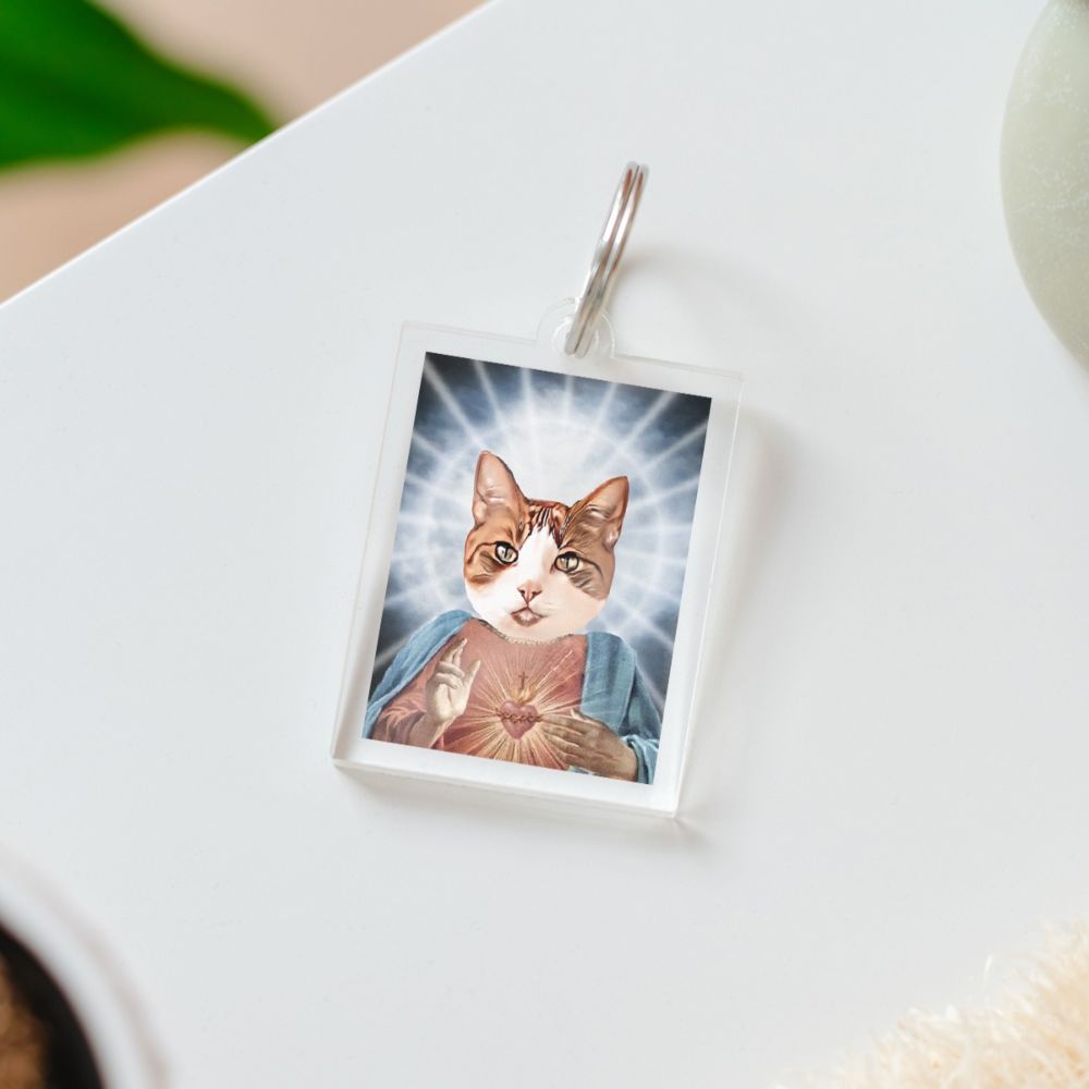 Gepersonaliseerde acryl sleutelhanger met halo en gezicht