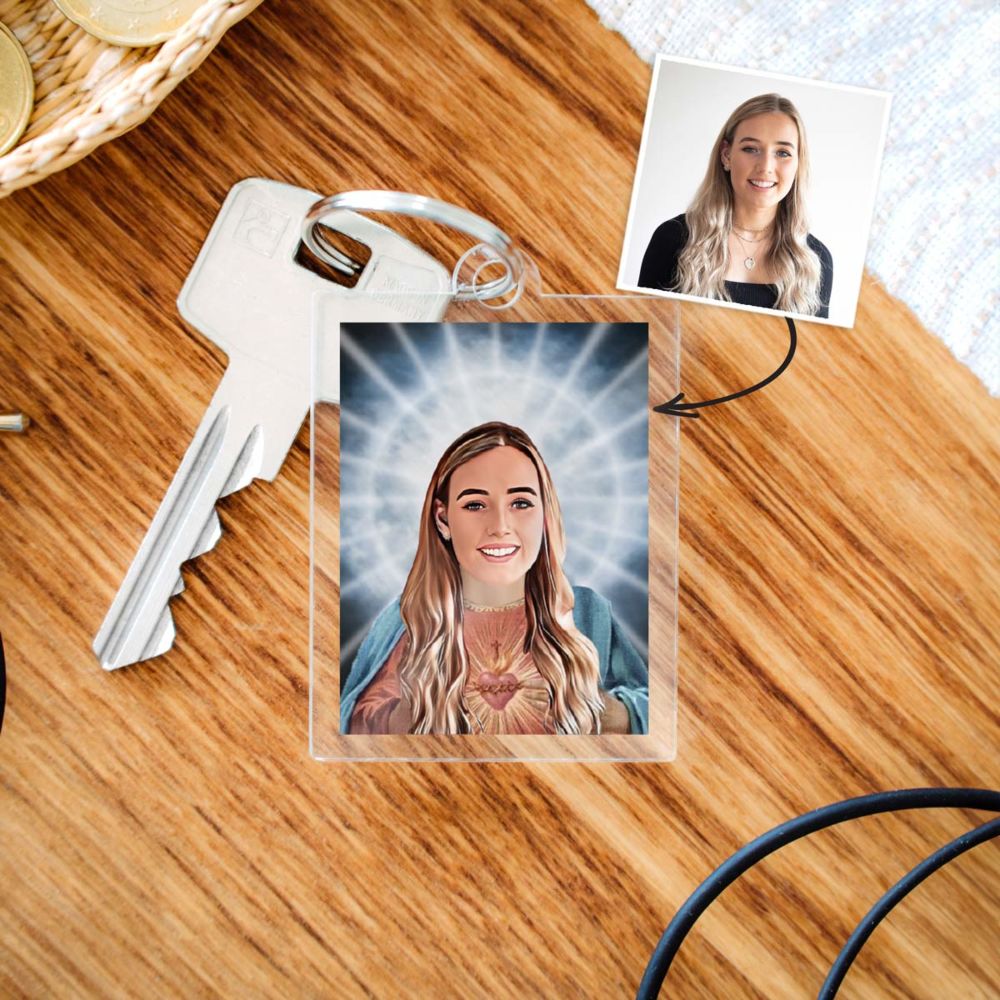 Gepersonaliseerde acryl sleutelhanger met halo en gezicht