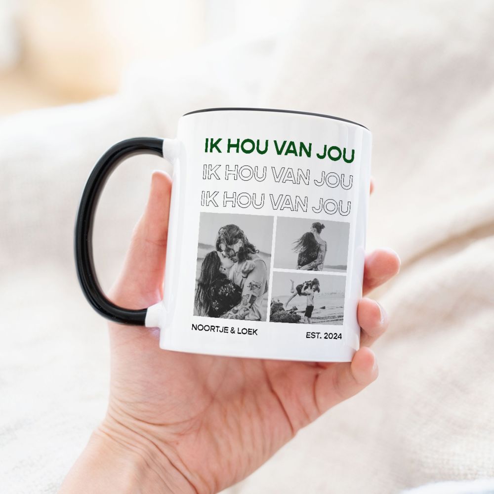 Gepersonaliseerde mok met zwart-witfoto’s en tekst
