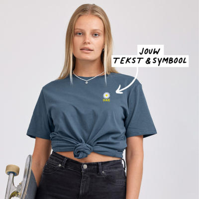 T-shirt Donkerblauw Borduren met Tekst en Pictogram