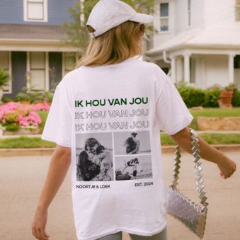 Gepersonaliseerd t-shirt met zwart wit foto’s en tekst