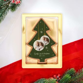 Gepersonaliseerde chocolade als denneboom met 2 foto’s en tekst