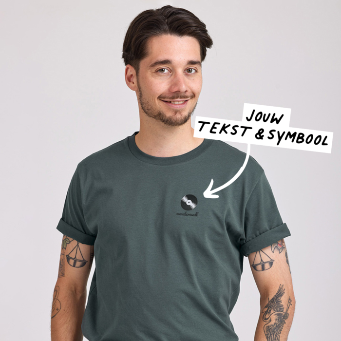 T-shirt Donkergroen Borduren met Tekst en Pictogram