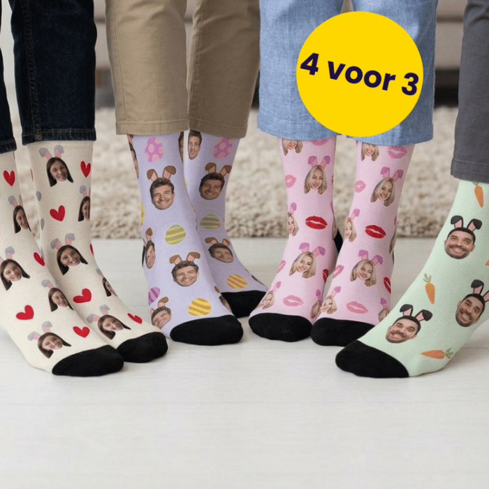 Cadeauset paassokken set van 4 met gezicht en konijnenoren