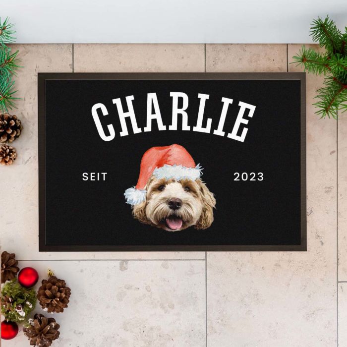 Gepersonaliseerde deurmat met huisdier en kerstmuts