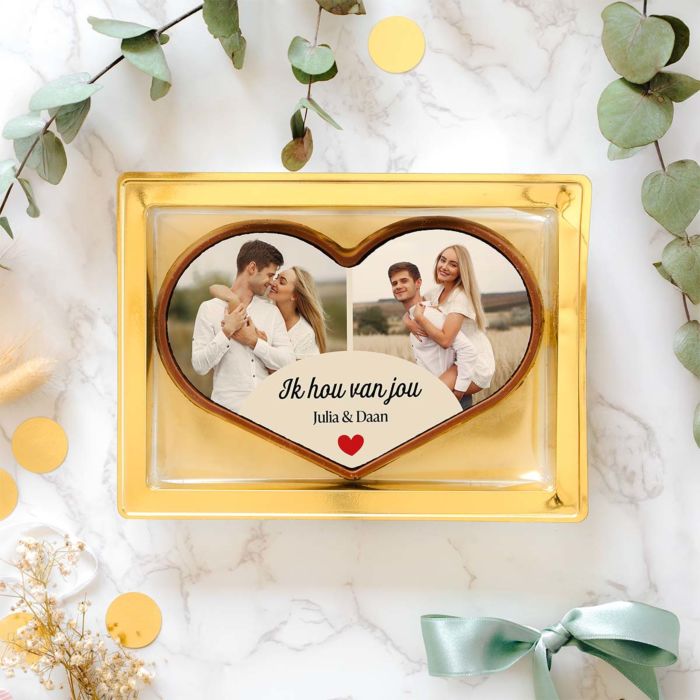 Gepersonaliseerd chocolade hartje met twee foto’s en tekst