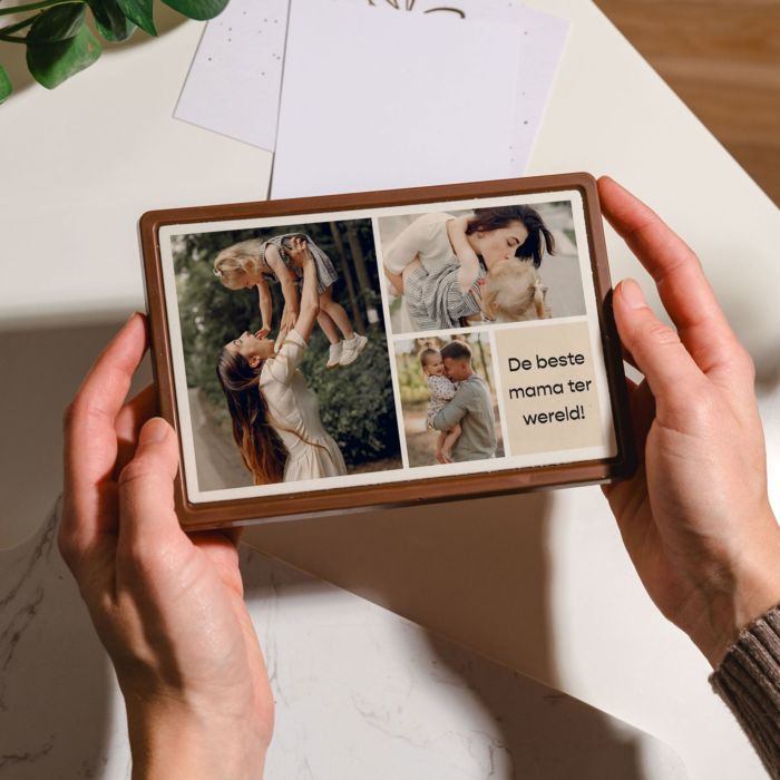 Gepersonaliseerde chocolade als kaart met 3 foto’s en tekst