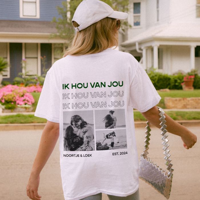 Gepersonaliseerd t-shirt met zwart wit foto’s en tekst