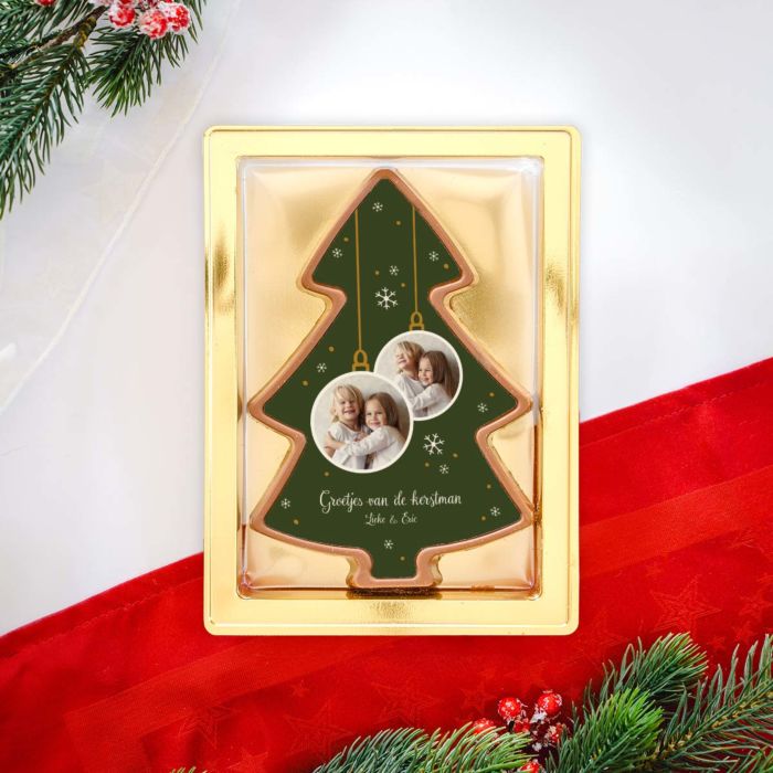 Gepersonaliseerde chocolade als denneboom met 2 foto’s en tekst