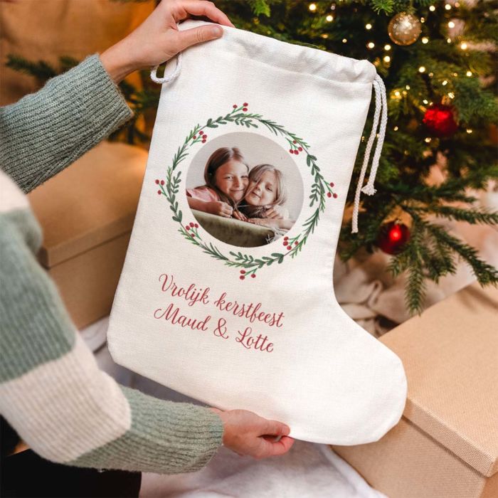 Gepersonaliseerde kerstsok met foto en tekst