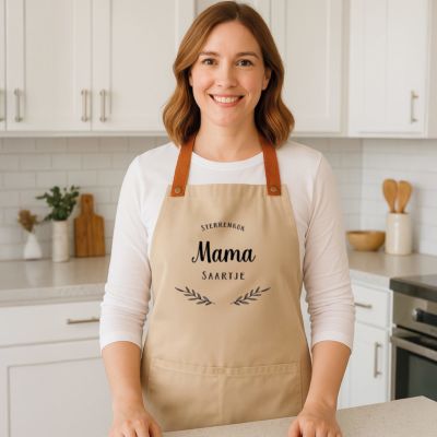 Gepersonaliseerd schort met krans en tekst