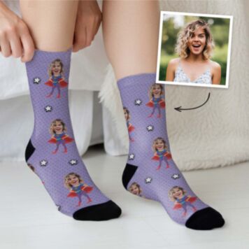 Gepersonaliseerde Sokken met Foto Gezicht als Superheld