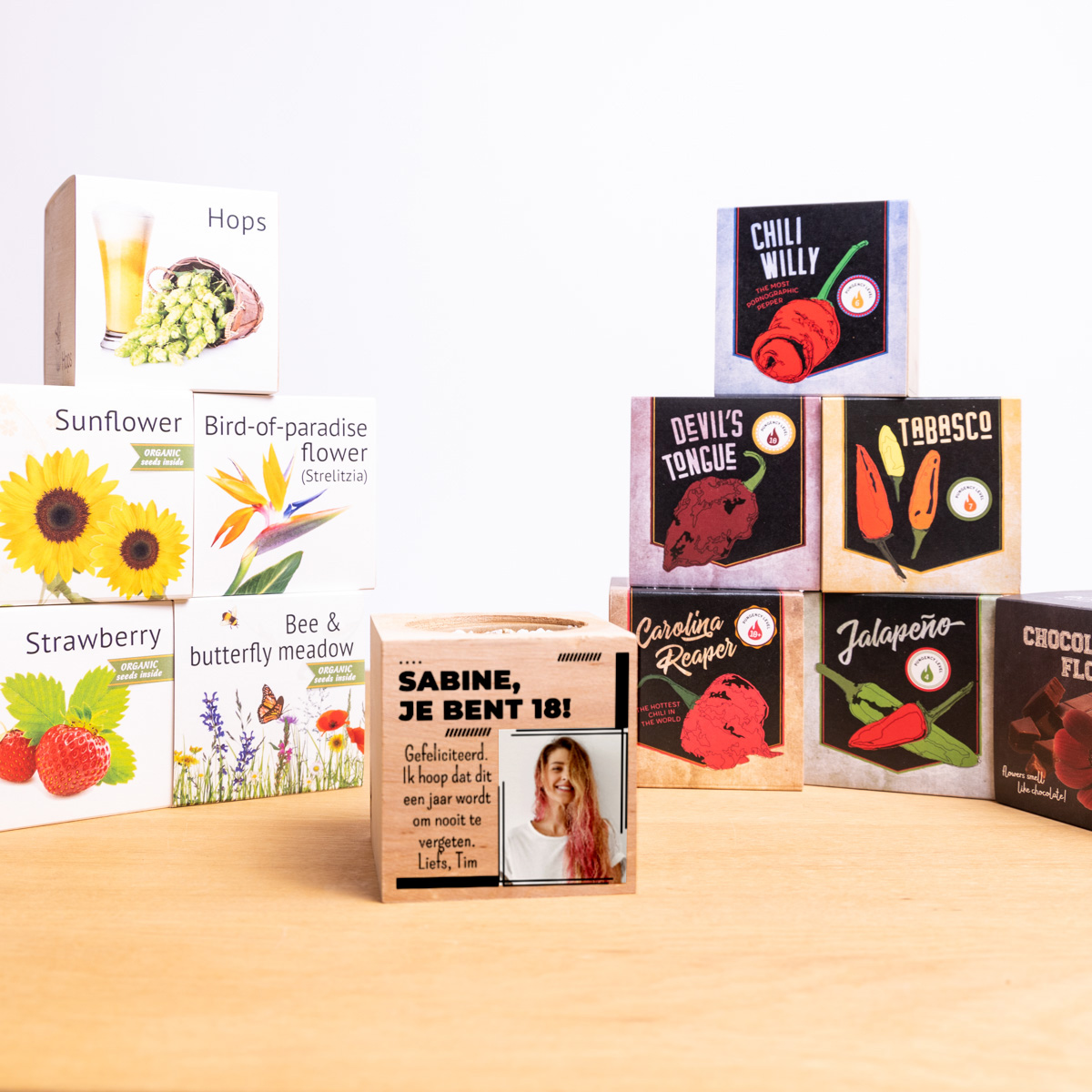 Ecocube - Plantje in Houten Kubus met Foto en Tekst