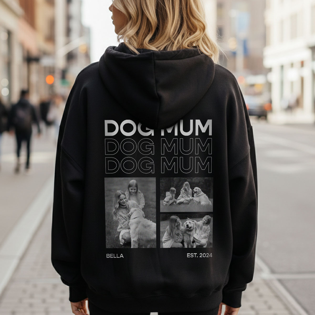 Gepersonaliseerde hoodie met zwart-wit foto's en tekst