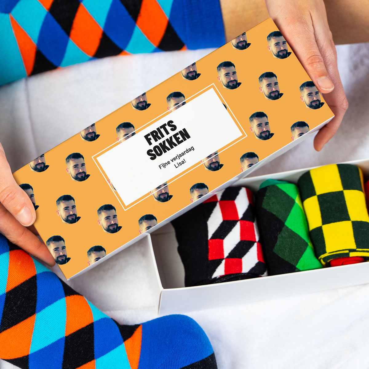 Gepersonaliseerde Sokken Cadeaubox met Foto Gezicht en Naam