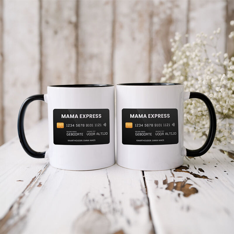 Gepersonaliseerde mok met creditcard en tekst