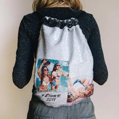 Personaliseerbare pailletten-turntas met 2 foto’s en tekst Personaliseerbare pailletten-turntas met 2 foto’s en tekst