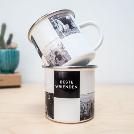 Personaliseerbare metalen mok met foto’s en tekst